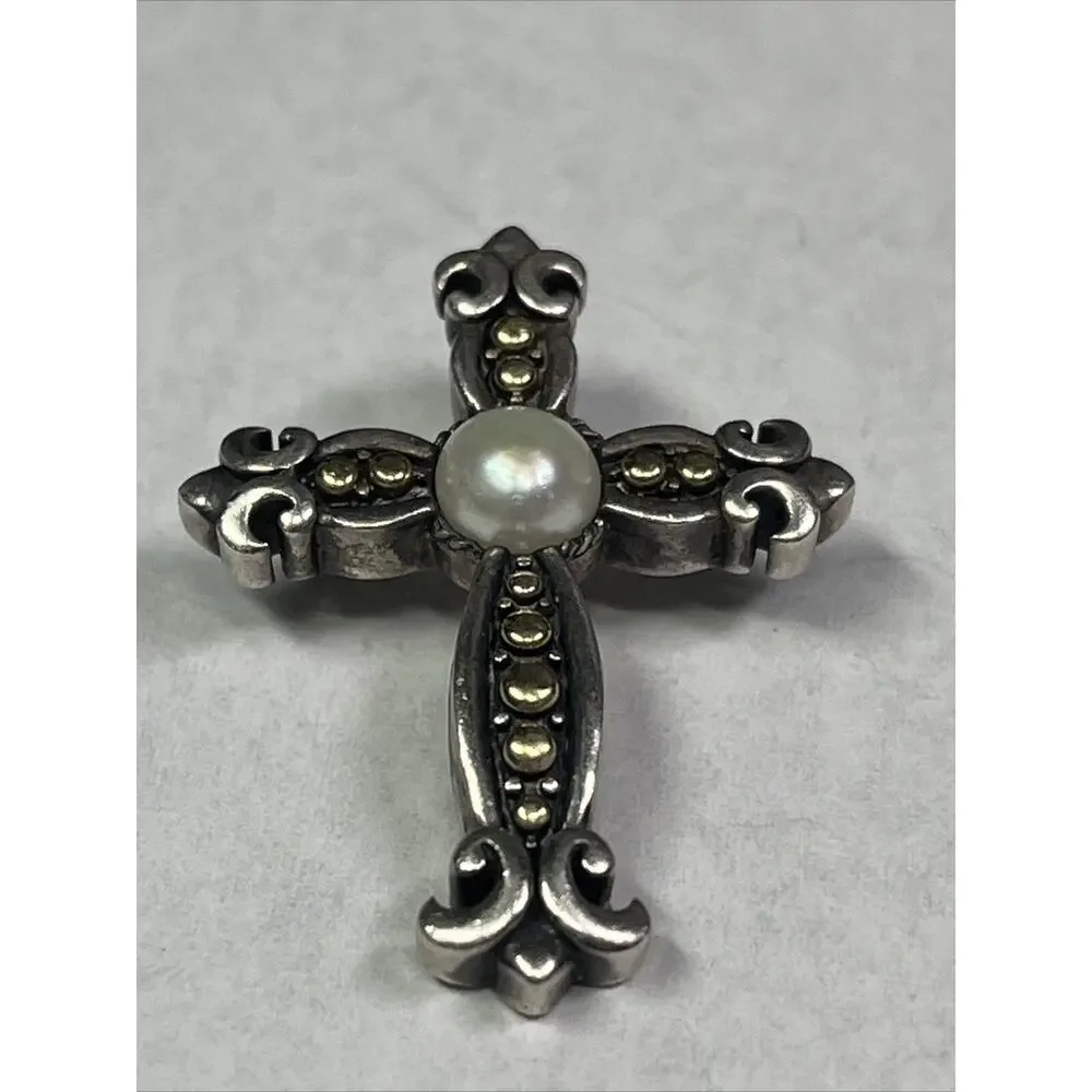 EFFY 18k And Sterling Silver Cross Crucifix Pendant Faux Pearl No Necklace RARE - Picture 2 of 12
